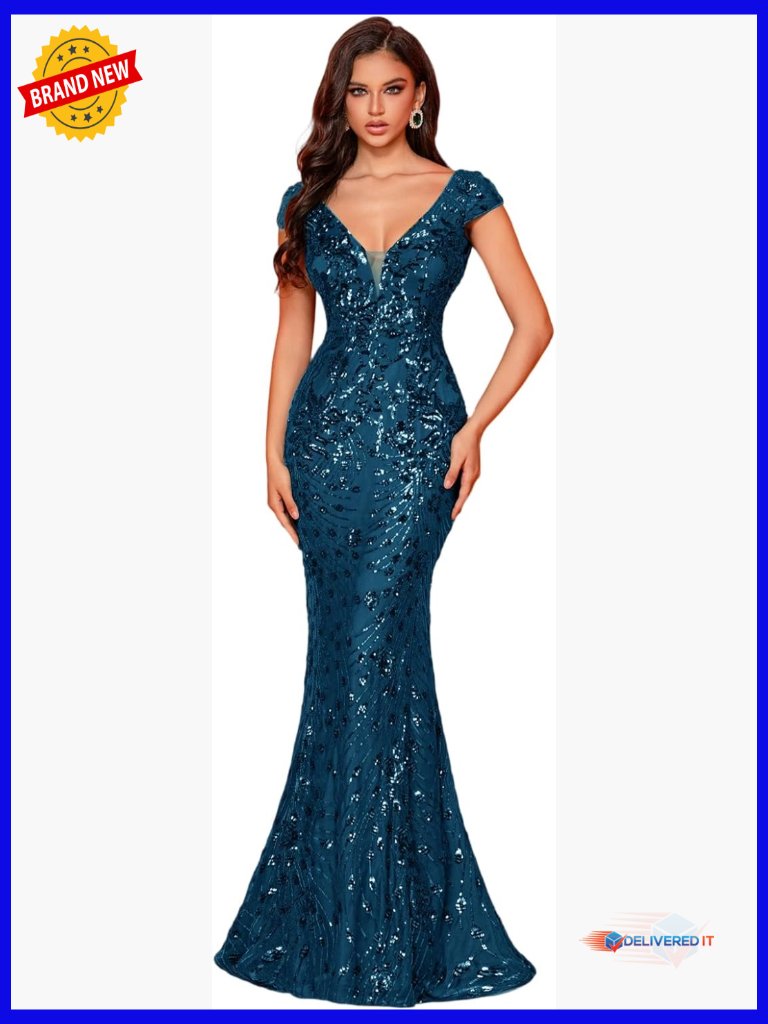 Sequin Embroidered Mermaid Formal Gown With V-Neck And Mesh Cap Sleeves